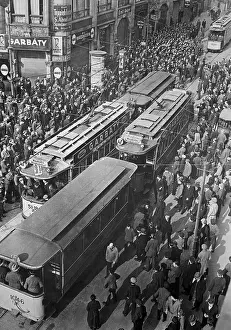 Riot Prints: View of Massive Crowd Near Street Trolleys