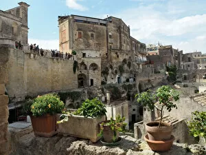 Images Dated 18th August 2016: View Of Matera From Terrace With Vases Of Flowers, Basilicata, Southern Italy