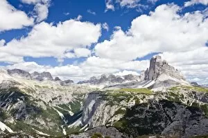 View from Monte Piano in the Alta Pusteria valley, Tre Cime di Lavaredo massif in the back, Dolomites, South Tyrol