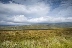View over the moor with Loch Coulside and Ben Loyal in the clouds, Sutherland, Scotland, Great Britain, Europe
