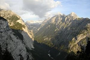 View of a mountain valley, Reintal valley with the Partnach mountain river, Mt. Zugspitze, Mt