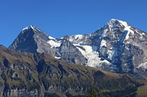 View of the mountains Eiger and Moench from Grutsch Alp near Muerren, Bernese Oberland, Switzerland, Europe