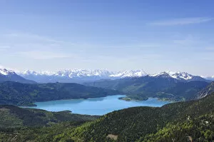 View from Mt Hirschkopfhoernl to Walchensee Lake and the Wetterstein range, Jachenau, Toelzer Land region