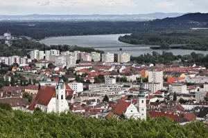 Danube Prints: View from Mt. Kreuzberg on Krems an der Donau with Piaristenkirche and Pfarrkirche churches