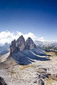 View from Mt Paternkofel or Paterno of the Tre Cime di Lavaredo mountain group, Mt Cristallo in the back, Sexten, Sesto