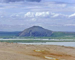 Images Dated 15th July 2011: View from the Namafjall volcano across Myvatn to the Vindbelgjarfjall volcano, Myvatn, Iceland