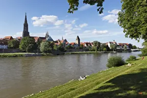 Churches Prints: View from New Ulm over the Danube to Ulm with Ulmer Muenster cathedral