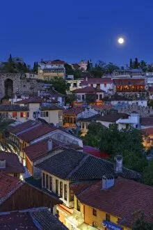 View of the old town with full moon, Kaleici, Antalya, Antalya Province, Turkey
