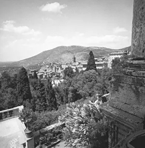 Cypress Prints: View of old town and mountain, (B&W), elevated view