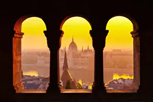 View of the Parliament of Hungary from the Fishermens Bastion at sunrise