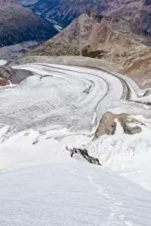 View over Pers Glacier, during the ascent of Piz Palue Mountain along the north wall, Grisons, Switzerland, Europe