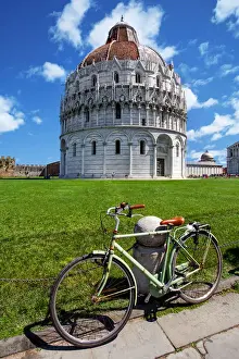 Pavement Prints: View of Pisa Baptistry With a Bicycle in the Foreground At Piazza dei Miracoli (Piazza del Duomo)