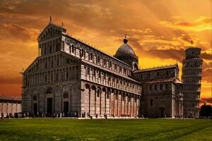 View of Pisa Cathedral with the Leaning Tower of Pisa in Piazza dei Miracoli, Tuscany, Italy