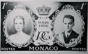 Monaco Prints: View of Postage Stamp of Prince Rainier III and Grace Kelly