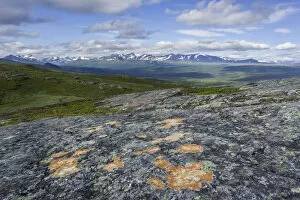 View from the Prinskullen mountain, rocks and lichen at the front, Kvikkjokk, Norrbotten County, Sweden