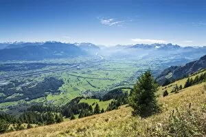 View of the Rhine valley as seen from the geological mountain trail, canton of Appenzell Inner-Rhodes, Switzerland