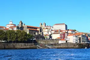 Douro River Prints: View of Ribeira district from Douro river with the Church of San Francisco and Portos Cathedral in the background