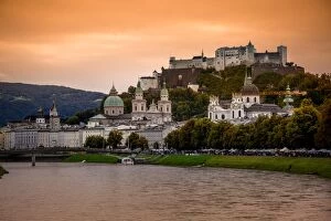 Images Dated 21st August 2016: View of Salzach River and Skyline of the Historic Centre of Salzburg City, Austria