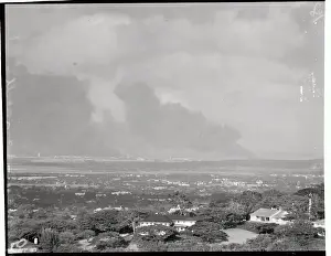 Prints of (Original Caption). Pearl Harbor, U.S Pearl Harbor Prints: View of Smoking Area After Japanese Attack in Hawaii