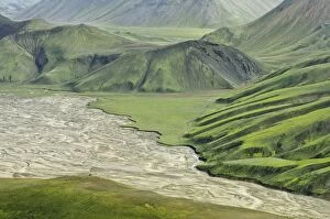 View from Suournamur Mountain over a river landscape with an alluvial fan, Landmannalaugar, Southern Region, Iceland