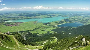 View from Tegelberg Mountain towards Lake Forggensee and Lake Bannwaldsee in Allgaeu, Bavaria, Germany, Europe