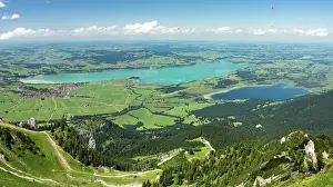 Bavaria Prints: View from Tegelberg Mountain towards Lake Forggensee and Lake Bannwaldsee in Allgaeu