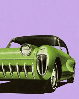 1940 1980 Retro Style Prints: Front View of Unique Green Car