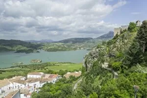 View over the village on the Embalse de Zahara and the castle, Zahara de la Sierra, Andalucia, Spain