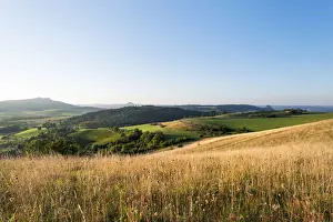 View of the volcanic landscape of the Hegau region with the mountains Hohenstoffeln, Hohenhewen and Hohenkraehen, from left, Baden-Wuerttemberg, Germany, Europe