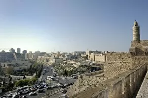 View from a west-facing wall to West Jerusalem, Tower of David of the David Citadel, right, Jerusalem, Israel