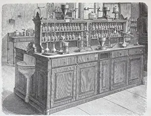 Early Prints: View of a work table in the chemistry laboratory of the University of Leipzig