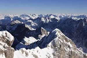 View from Zugspitze Mountain over Jubilaeumsgrat Ridge with the Hoellentalspitzen Mountains and Hochblassen Mountain