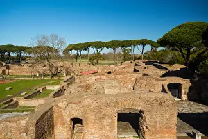 A viewpoint over the ruins of the Ancient Roman harbour city of Ostia Antica in Rome, Italy