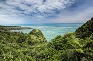 Views over dense vegetation towards the green sea on the West Coast, Irimahuwhero Lookout, Paparoa National Park