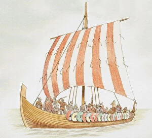 Scandinavia Collection: Viking longship carrying warriors