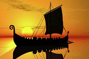 Historic Gallery: Viking ship, sunset, silhouette, 3D graphics