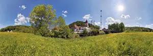 Village Church Prints: Village of Altdorf with a flower meadow