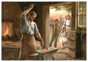 Village blacksmith at work making a horseshoe, with an 18th century family watching
