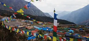 The village of Lukhla, Nepal, seen through prayer flags