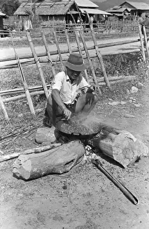 Laos Prints: Villager Roasting Coffee Beans Over Fire