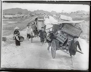 Hanoi Prints: Villagers Pushing Carts in Flight