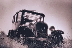 Vintage Black And White Prints: Vintage Automobile in Field