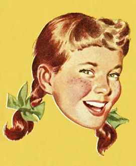 Pigtails Prints: A vintage cartoon of a girl smiling