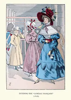 Prints of Vintage fashion of Paris, Woman wearing blue frilly dress and large hat, early 19th Century. Entering the Comedie Francaise, 1828 Fashion Trends Through Time Prints: Vintage fashion of Paris, Woman wearing blue frilly dress and large hat
