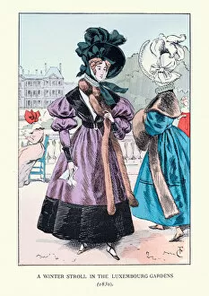Vintage fashion of Paris, Women winter fashions, dress, fur stole, early 19th Century