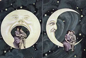 Vintage hand-painted postcard, Spooning the Moon, 1907