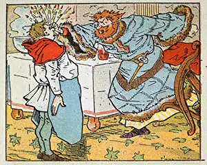 Vintage illustration, Cartoon of angry upset medieval noble man pinching the nose of a servant