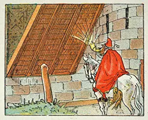 Vintage illustration, Cartoon of man blowing a horn at a castle drawbridge