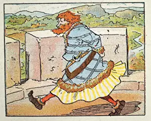 Vintage illustration, Cartoon of Worried medieval noble pacing up and down on top of a castle tower