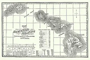 Vintage illustration Map of the Hawaiian Islands, Kauai, Oahum Molokai, Maui, Hawaii, Victorian 19th Century